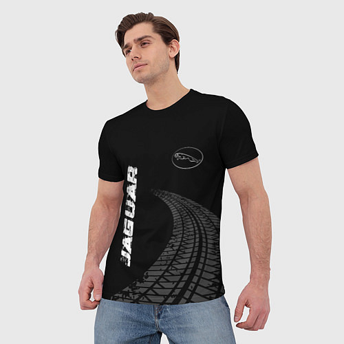 Мужская футболка Jaguar speed на темном фоне со следами шин: надпис / 3D-принт – фото 3