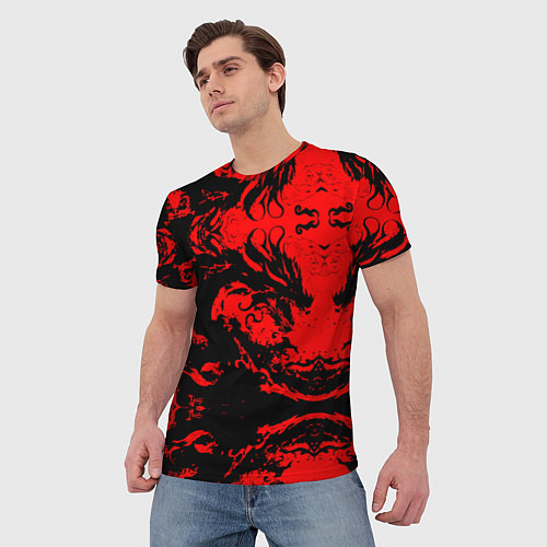 Мужская футболка Черный дракон на красном небе / 3D-принт – фото 3
