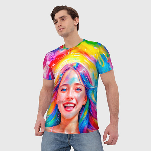 Мужская футболка Девушка с красочными волосами в каплях воды / 3D-принт – фото 3