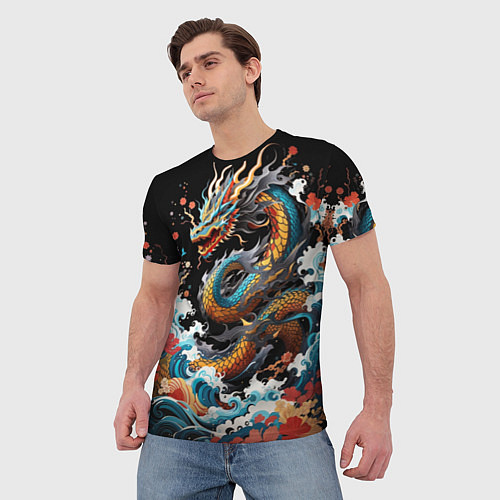 Мужская футболка Дракон на волнах в японском стиле арт / 3D-принт – фото 3
