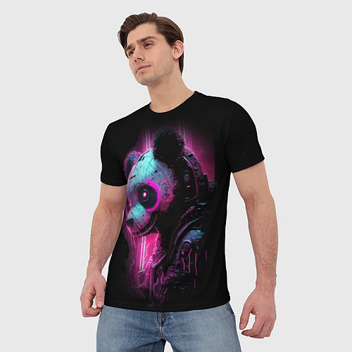 Мужская футболка Панда киберпанк в фиолетовом свете / 3D-принт – фото 3