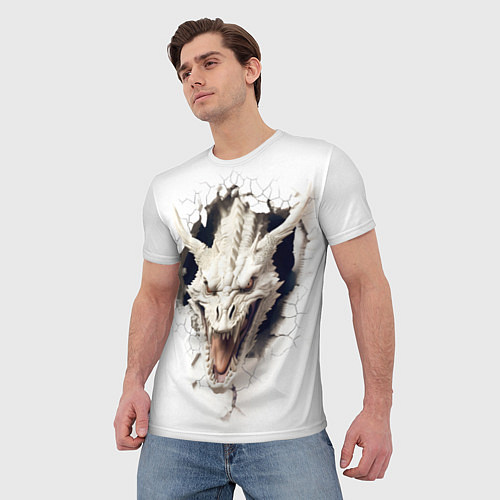 Мужская футболка Белый дракон выглядывает из стены / 3D-принт – фото 3