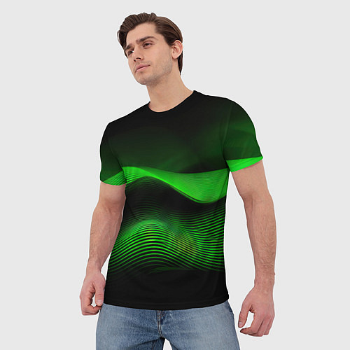 Мужская футболка Зеленые абстрактные волны / 3D-принт – фото 3