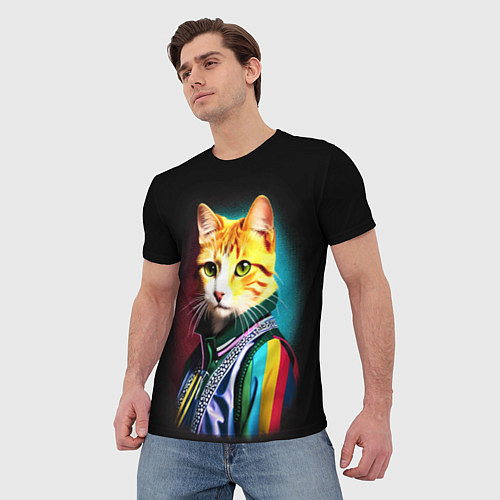 Мужская футболка Модный рыжий кот - неон - поп-арт / 3D-принт – фото 3