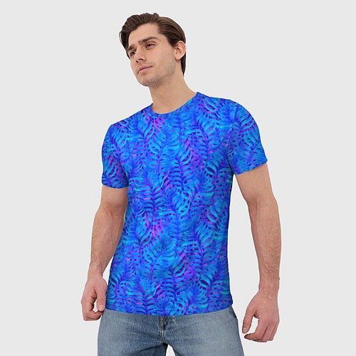Мужская футболка Синие неоновые листья / 3D-принт – фото 3