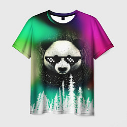 Футболка мужская Панда в очках на фоне северного сияния и леса, цвет: 3D-принт