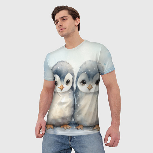 Мужская футболка Милые пингвины акварель / 3D-принт – фото 3