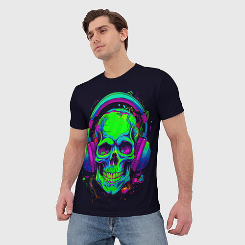 Мужская футболка Череп в наушниках ярко кислотный / 3D-принт – фото 3