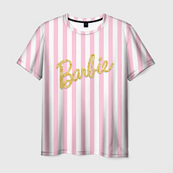 Футболка мужская Barbie - золотая надпись и бело-розовые полосы, цвет: 3D-принт