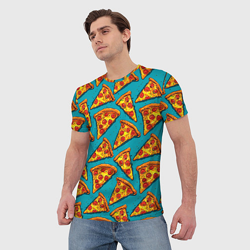 Мужская футболка Кусочки пиццы на синем фоне / 3D-принт – фото 3
