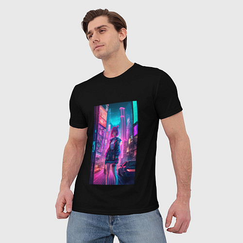 Мужская футболка Девушка киберпанк в городе / 3D-принт – фото 3