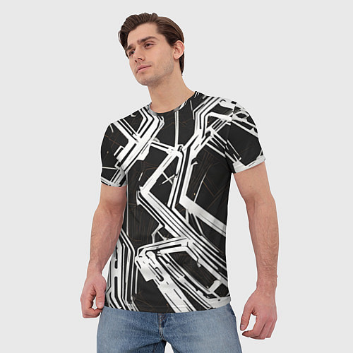 Мужская футболка Белые полосы на чёрном фоне / 3D-принт – фото 3