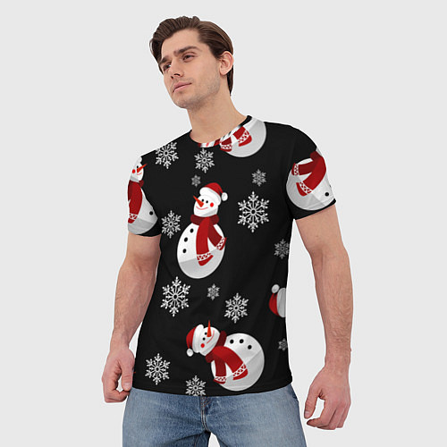 Мужская футболка Снеговички в зимних шапочках со снежинками / 3D-принт – фото 3