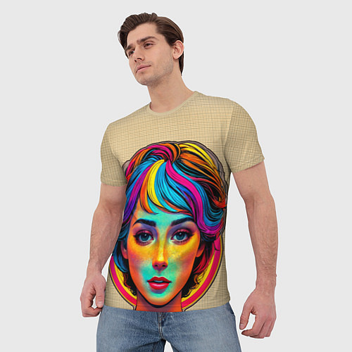 Мужская футболка Девушка с разноцветными волосами на клетчатом фоне / 3D-принт – фото 3
