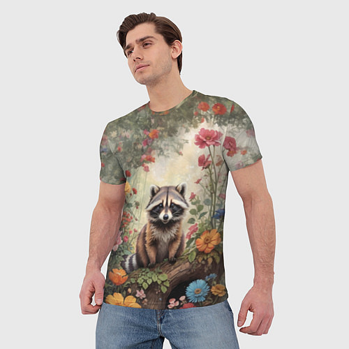 Мужская футболка Милый енот в лесу / 3D-принт – фото 3
