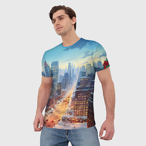 Мужская футболка Новогодний снежный город / 3D-принт – фото 3