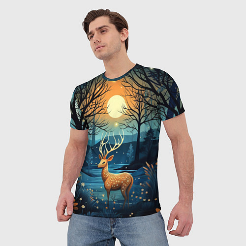 Мужская футболка Олень в ночном лесу фолк-арт / 3D-принт – фото 3