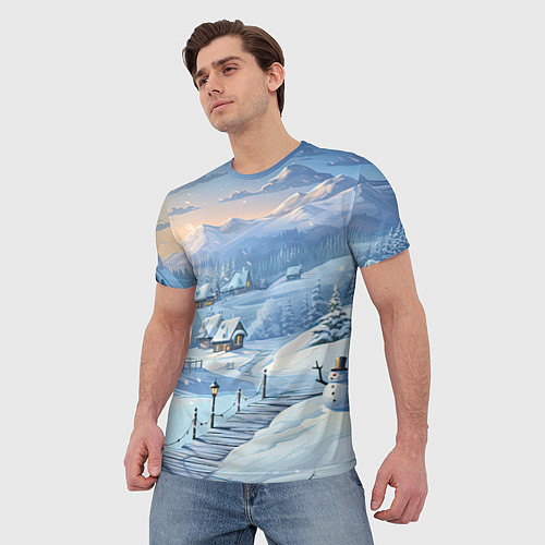 Мужская футболка Новогодний дворик со снеговиком / 3D-принт – фото 3