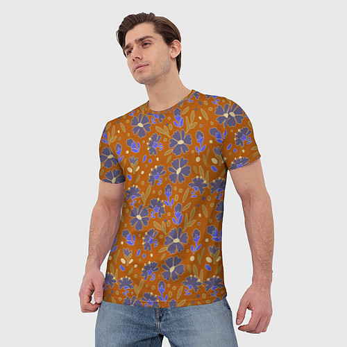 Мужская футболка Цветы в поле коричневый цвет / 3D-принт – фото 3