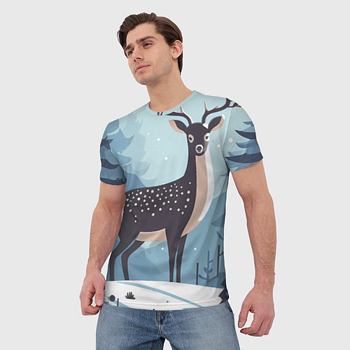 Мужская футболка Зимняя сказка олень в лесу / 3D-принт – фото 3