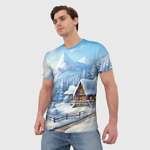 Мужская футболка Новогодняя зимняя деревня / 3D-принт – фото 3