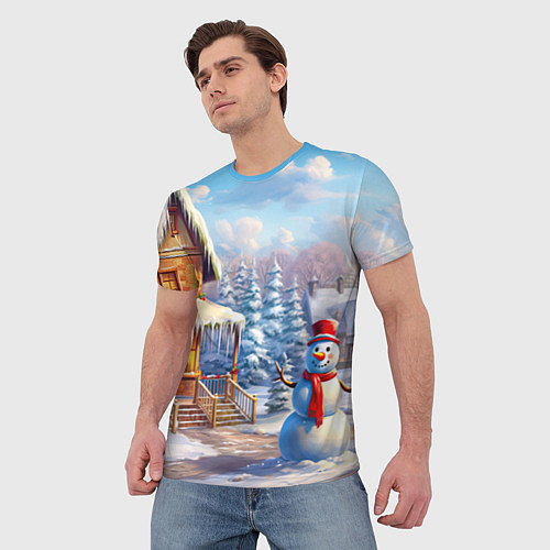 Мужская футболка Новогодняя деревня и снеговик / 3D-принт – фото 3