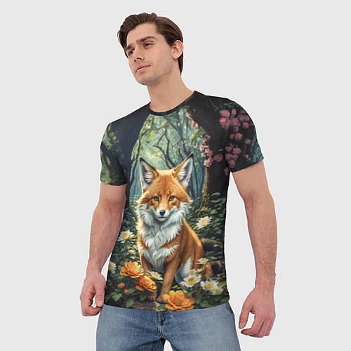 Мужская футболка Лисица в лесу в цветах / 3D-принт – фото 3