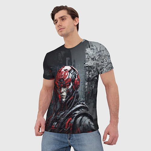 Мужская футболка Киборг в красном шлеме / 3D-принт – фото 3