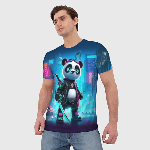 Мужская футболка Панда кибер самурай в ночном Нью-Йорке / 3D-принт – фото 3