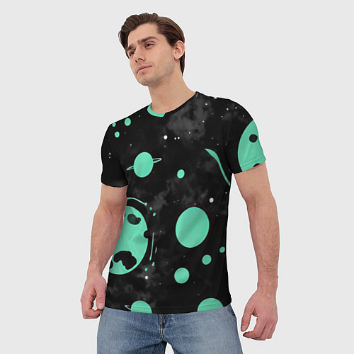 Мужская футболка Чёрно-мятный космос от нейросети / 3D-принт – фото 3