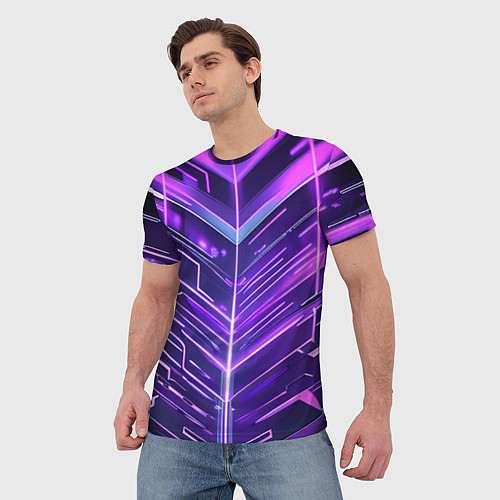 Мужская футболка Фиолетовые неон полосы киберпанк / 3D-принт – фото 3