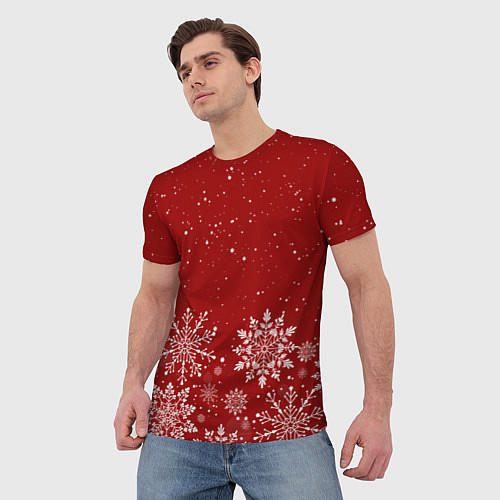 Мужская футболка Текстура снежинок на красном фоне / 3D-принт – фото 3