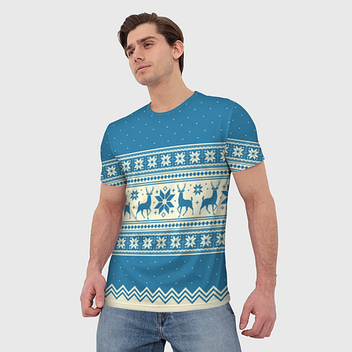 Мужская футболка Sweater with deer on a blue background / 3D-принт – фото 3