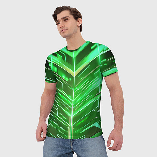 Мужская футболка Зелёные неон полосы киберпанк / 3D-принт – фото 3