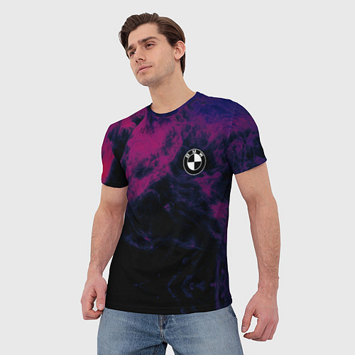 Мужская футболка БМВ на фоне сиреневого дыма / 3D-принт – фото 3