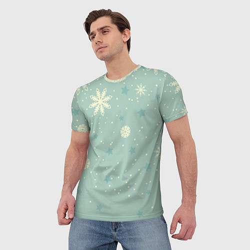 Мужская футболка Снежинки и звезды на матно зеленем / 3D-принт – фото 3