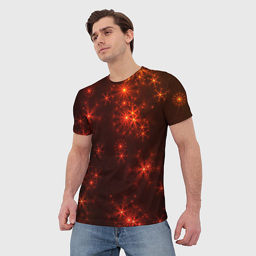 Мужская футболка Абстрактные светящиеся красно оранжевые снежинки / 3D-принт – фото 3