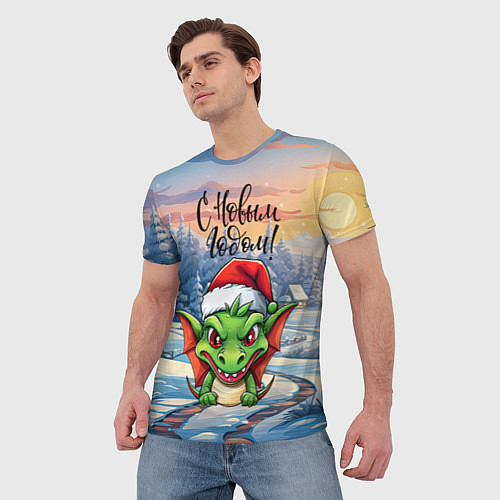 Мужская футболка Милый зеленый дракончик 2024 / 3D-принт – фото 3