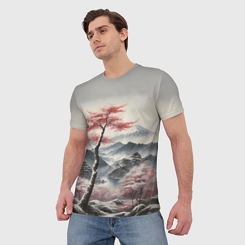 Мужская футболка Высокое дерево и гора Фудзияма / 3D-принт – фото 3