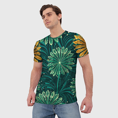Мужская футболка Одуванчики зеленая с желтым акцентом абстракция / 3D-принт – фото 3