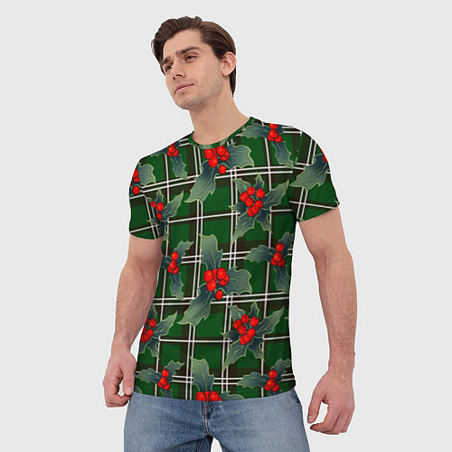 Мужская футболка Остролист на зеленой шотландке / 3D-принт – фото 3