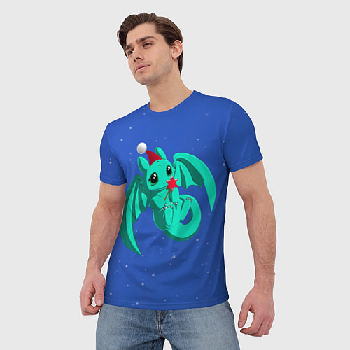 Мужская футболка Новогодний дракончик бирюзовый / 3D-принт – фото 3