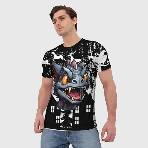 Мужская футболка Злой дракон на черном фоне / 3D-принт – фото 3