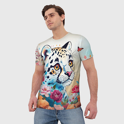 Мужская футболка Мультяшный леопард в цветах / 3D-принт – фото 3