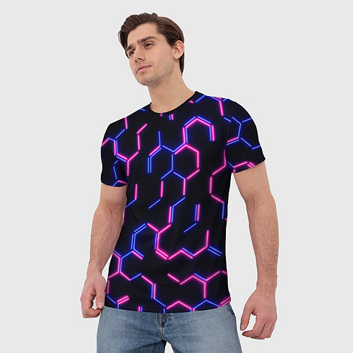 Мужская футболка Сине-розовые неоновые неполные гексагоны / 3D-принт – фото 3