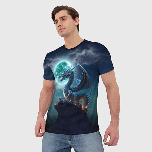Мужская футболка Дракон на скале на фоне луны / 3D-принт – фото 3