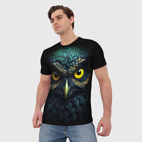 Мужская футболка Бирюзовая сова с желтыми глазами / 3D-принт – фото 3