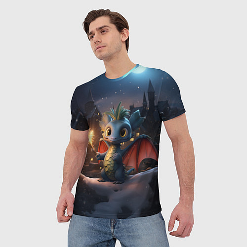 Мужская футболка Маленький дракон на фоне замка / 3D-принт – фото 3