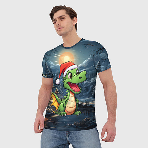Мужская футболка Зеленый дракон на новогоднем фоне / 3D-принт – фото 3