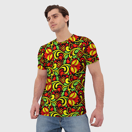 Мужская футболка Хохломская роспись красные цветы и ягоды / 3D-принт – фото 3